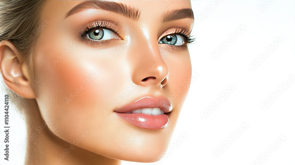 A close-up of a woman's face with bright makeup on and blue eyes A close-up of a woman's face with bright makeup on and blue eyes