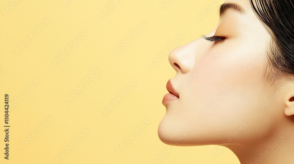 Woman with eyes closed and ponytail on yellow background Woman with eyes closed and ponytail on yellow background