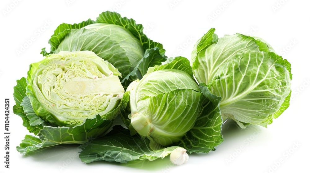 Fototapeta premium photograph of Educational photo of cabbage, highlighting the allicin content. Isolated on white Shown benefits for immune and heart health Studio lighting wide angle lens