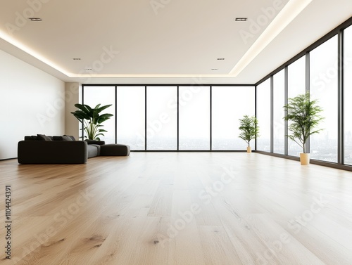 A spacious minimalist living room is adorned with neutral-toned furniture and expansive windows, creating an atmosphere filled with natural light and tranquility