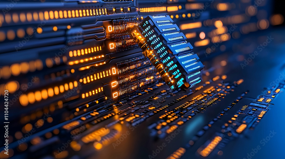 A close-up view of a digital circuit board illuminated with vibrant blue and orange lights, showcasing intricate patterns and technology. A close-up view of a digital circuit board illuminated with vibrant blue and orange lights, showcasing intricate patterns and technology.