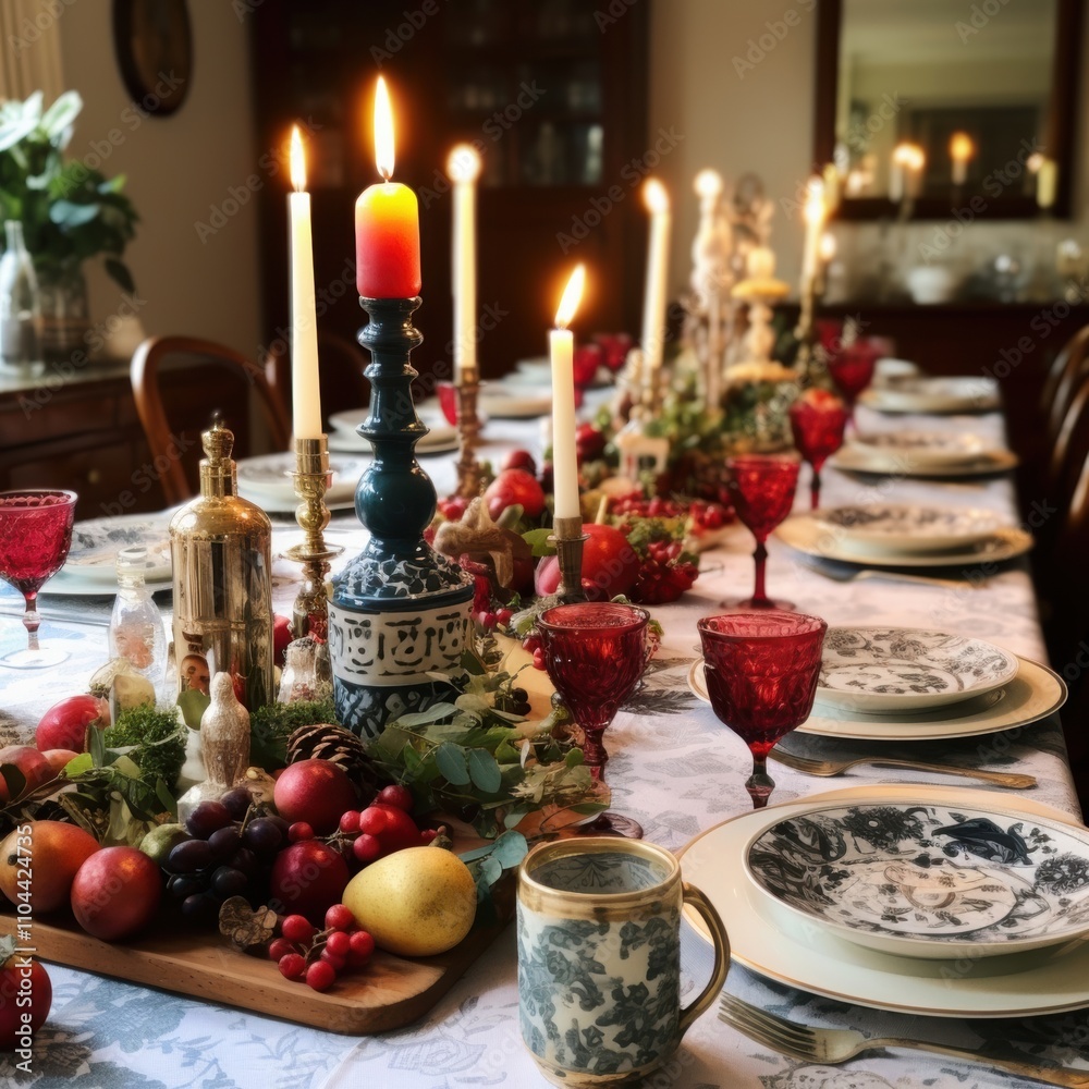 A beautifully styled dining table adorned with candles, fruits, and elegant dishware, creating a warm, inviting atmosphere. A beautifully styled dining table adorned with candles, fruits, and elegant dishware, creating a warm, inviting atmosphere.