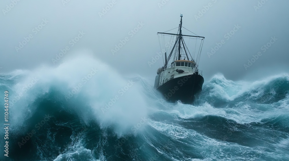 A ship battling rough sea waves during a fierce storm.
A ship battling rough sea waves during a fierce storm.