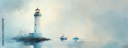 white lighthouse and boat on sea, watercolor oil painting, artwork in minimalistic details, gray white color palette, seascape wallpaper, marine landscape banner, waterscape card, sail travel concept