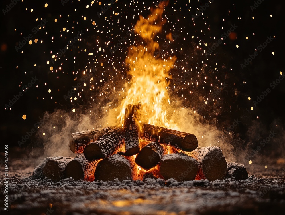 Naklejka premium Flames dance as sparks fly into the air, illuminating the dark surroundings in a tranquil outdoor setting