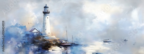 white lighthouse and boat on sea, watercolor oil painting, artwork in minimalistic details, gray white color palette, seascape wallpaper, marine landscape banner, waterscape card, sail travel concept