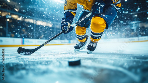 Hockey player skating and handling puck during intense match