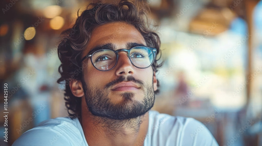 Fototapeta premium A young man with curly hair wearing glasses reflects while enjoying his time in a cafe