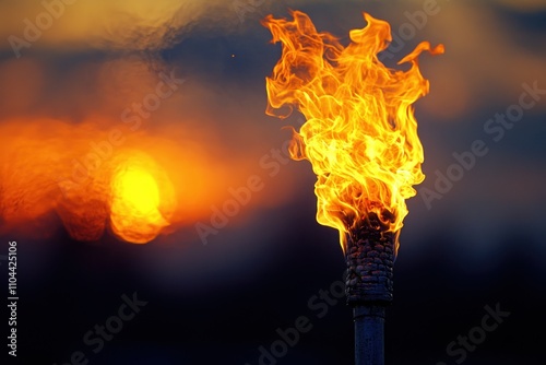 Bright flames dance atop a torch, contrasting with a colorful sunset glowing in the background photo