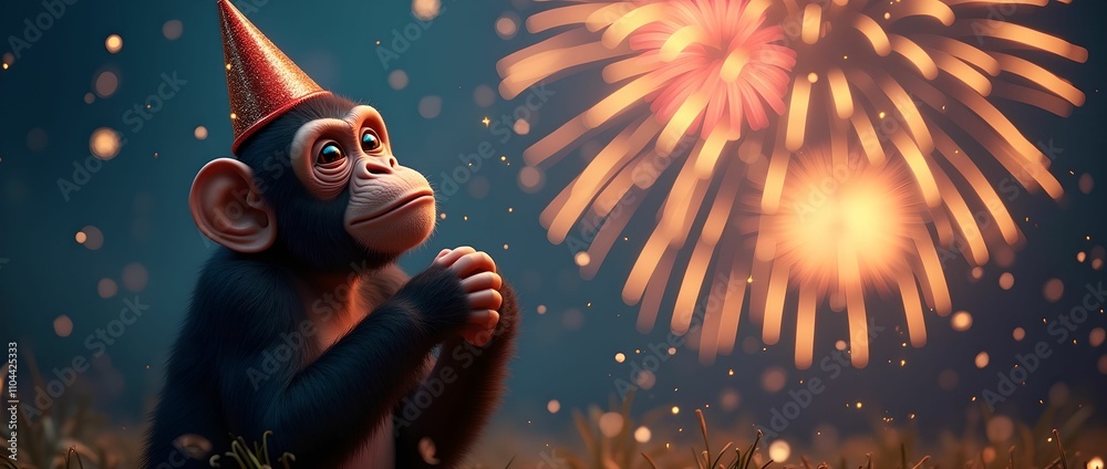Banner, new year 2025 with chimpanzee monkey in party hat and fireworks in the background at night Banner, new year 2025 with chimpanzee monkey in party hat and fireworks in the background at night