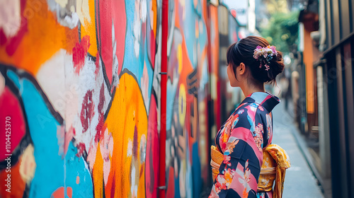 Woman in Kimono Admires Vibrant Graffiti Art in Japan photo