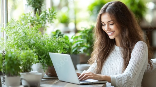 A woman smiles while typing on her laptop among vibrant greenery in a sunlit environment