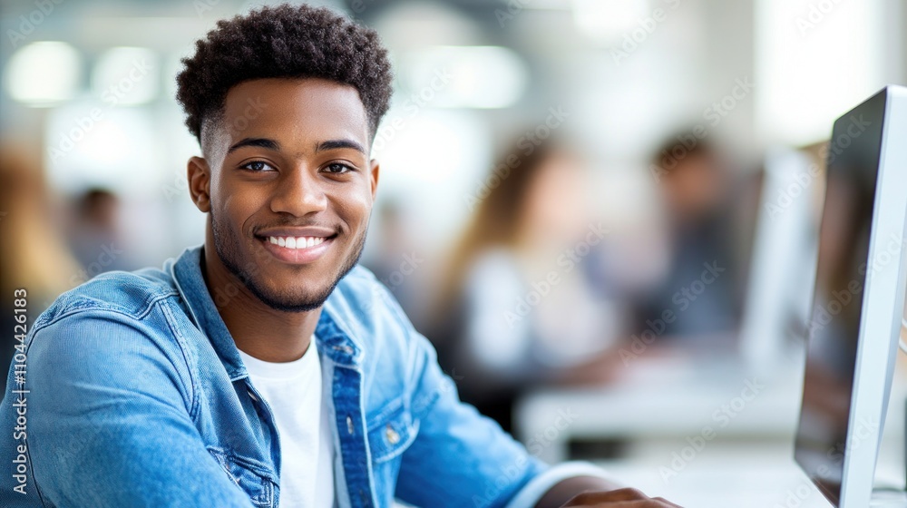 Young man at a desk with a computer shows a friendly smile while engaging in study Young man at a desk with a computer shows a friendly smile while engaging in study