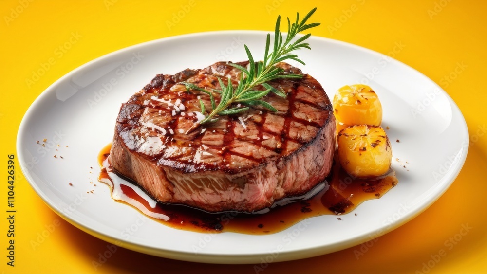 Steak with charred edges, medium rare, on a snow-white ceramic plate, emphasizing the juicy texture of meat fibers. The steak is decorated with a sprig of rosemary. Steak with charred edges, medium rare, on a snow-white ceramic plate, emphasizing the juicy texture of meat fibers. The steak is decorated with a sprig of rosemary.