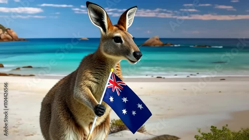 A kangaroo stands on a serene beach, holding the Australian flag, Australia Day concept. Pride of a nation with its iconic wildlife and stunning coastal landscape bathed in the light of dawn.