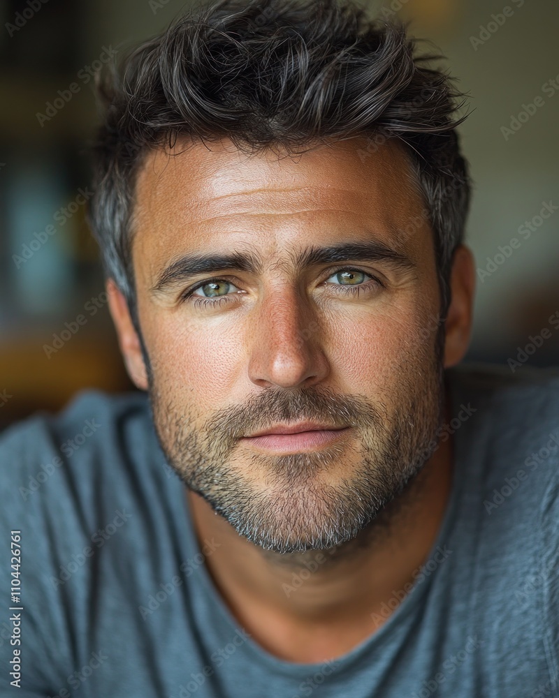 Fototapeta premium A man with dark hair and piercing blue eyes smiles warmly while sitting in a casual environment