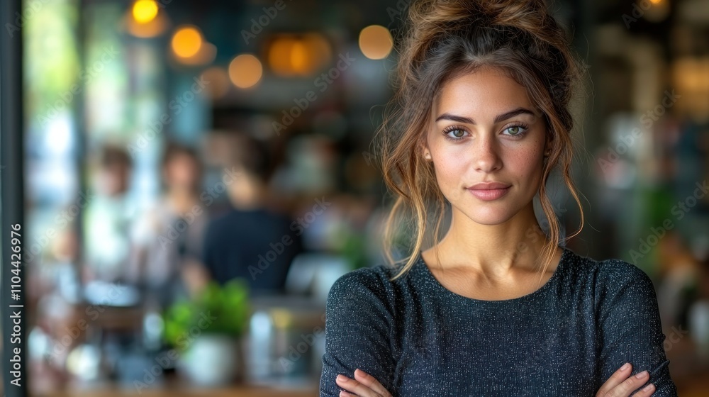 A confident young woman stands with her arms crossed in a cafe filled with patrons enjoying their day A confident young woman stands with her arms crossed in a cafe filled with patrons enjoying their day