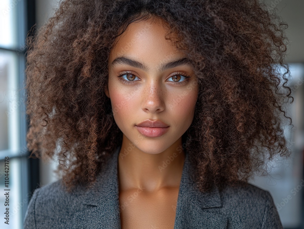 Young woman with curly hair stands confidently indoors, highlighting her natural beauty and poise Young woman with curly hair stands confidently indoors, highlighting her natural beauty and poise
