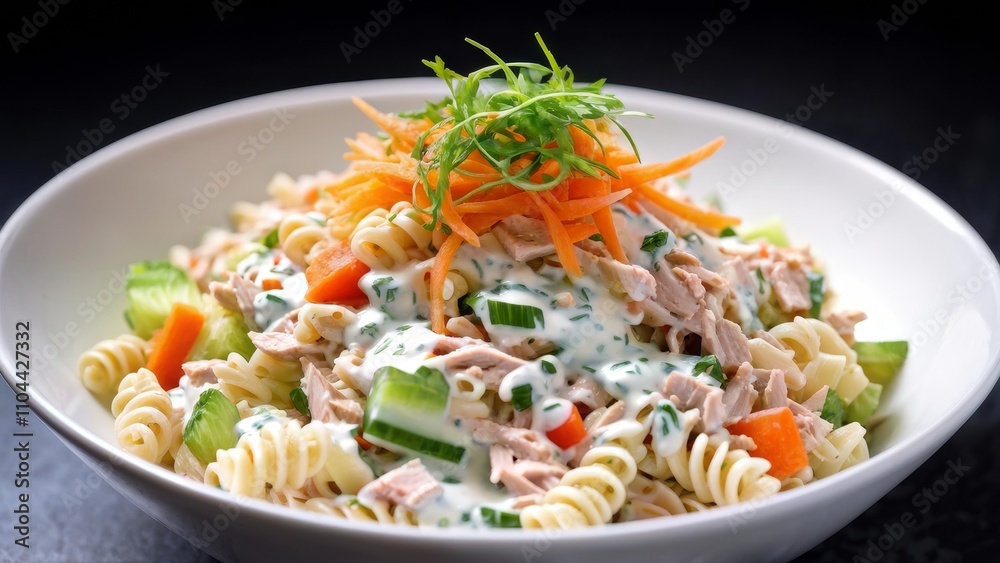A plate with tuna salad, which includes whole pasta, lettuce leaves, crispy celery, finely chopped green onions and grated carrots, seasoned with yogurt dressing. A plate with tuna salad, which includes whole pasta, lettuce leaves, crispy celery, finely chopped green onions and grated carrots, seasoned with yogurt dressing.