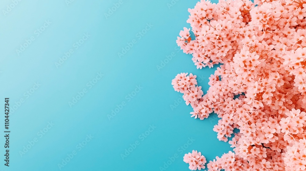 Fototapeta premium Cluster of pink cherry blossoms on a vibrant blue background, creating a contrast between the delicate flowers and the bold color backdrop.