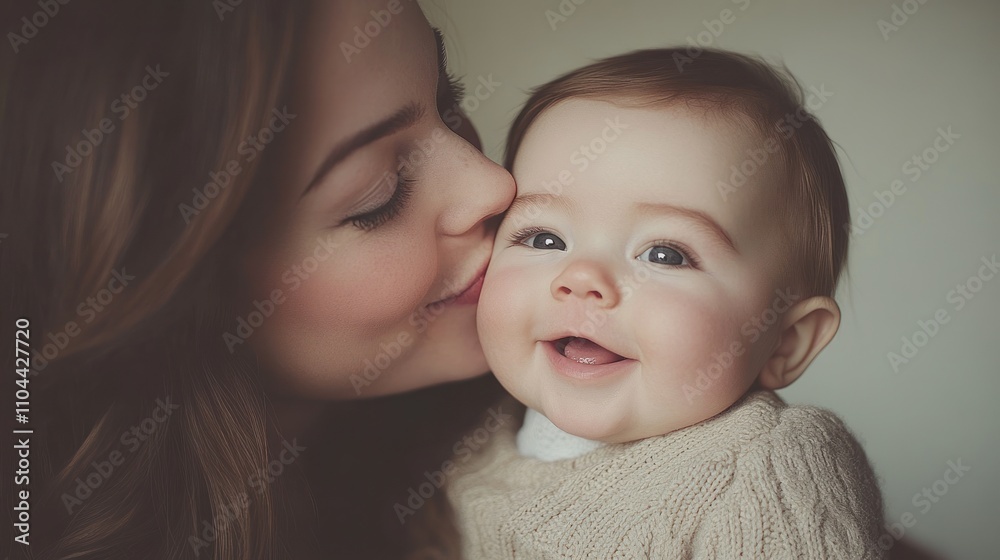 A mother lovingly kisses her smiling baby, creating a warm and tender atmosphere A mother lovingly kisses her smiling baby, creating a warm and tender atmosphere