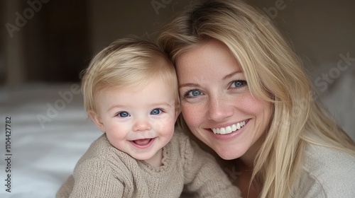 A smiling mother holds her happy baby close while enjoying a calm indoor setting filled with warmth