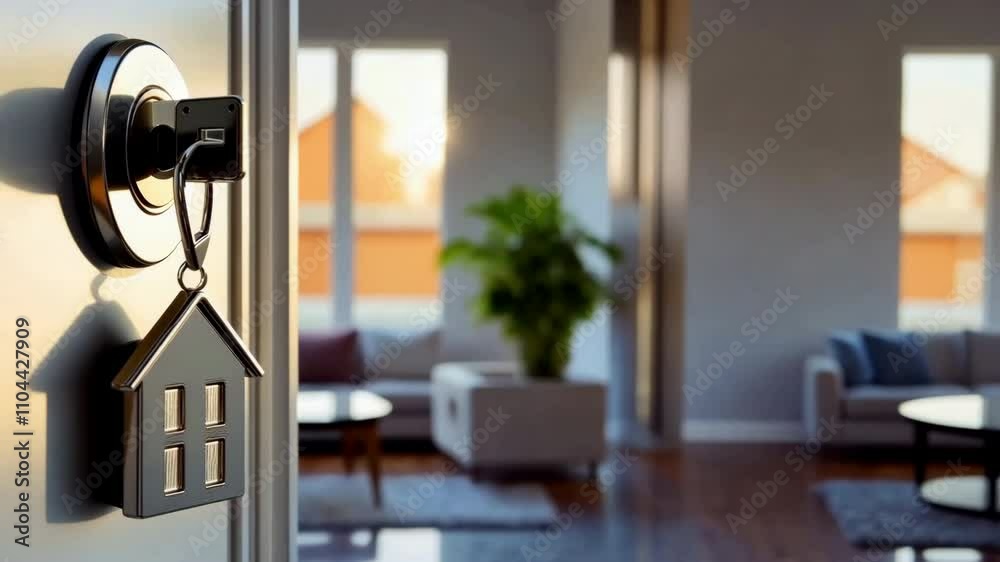 Key with house shaped keychain in door lock with a modern living room in background, real estate concept. Modern country private house. Moving home or renting property. Key with house shaped keychain in door lock with a modern living room in background, real estate concept. Modern country private house. Moving home or renting property.