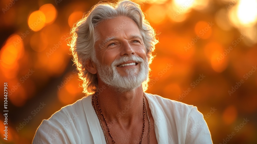 Man in a white outfit smiles joyfully against a beautiful sunset, exuding warmth and happiness outdoors Man in a white outfit smiles joyfully against a beautiful sunset, exuding warmth and happiness outdoors