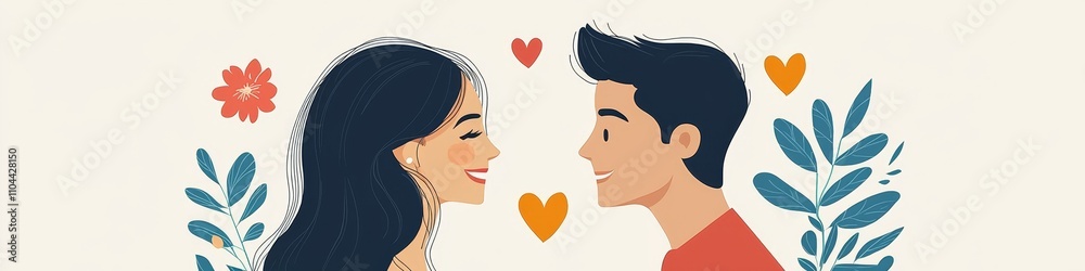 Romantic Illustration of a Couple with Hearts and Flowers Romantic Illustration of a Couple with Hearts and Flowers
