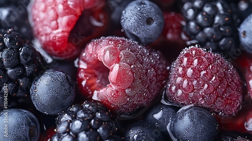 Close-up view of fresh, mixed berries, raspberries, blueberries, and blackberries, covered in water droplets. photo