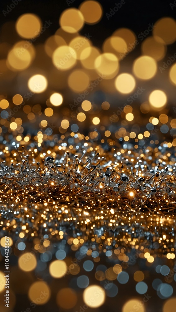 Close-up of gold and silver sparks with glowing bokeh. Close-up of gold and silver sparks with glowing bokeh.