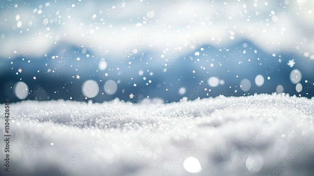 A close-up photo of a snowy terrain, featuring white snowflakes in the foreground and a blue sky overhead A close-up photo of a snowy terrain, featuring white snowflakes in the foreground and a blue sky overhead