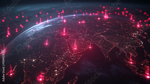 Communication technology with global internet network connected in world wide. Telecommunication and data transfer glowing connection links. IoT, finance, business, blockchain, security.