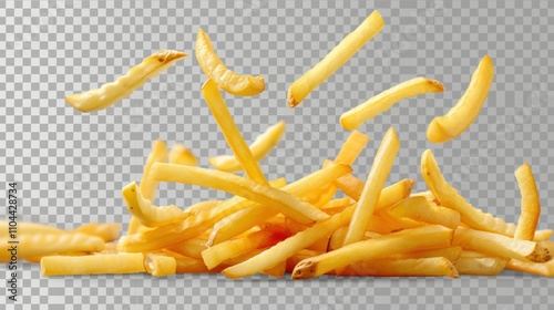 photograph of Falling French fries, potato fry isolated on transparent background, clipping path, full depth of field wide angle lens photo