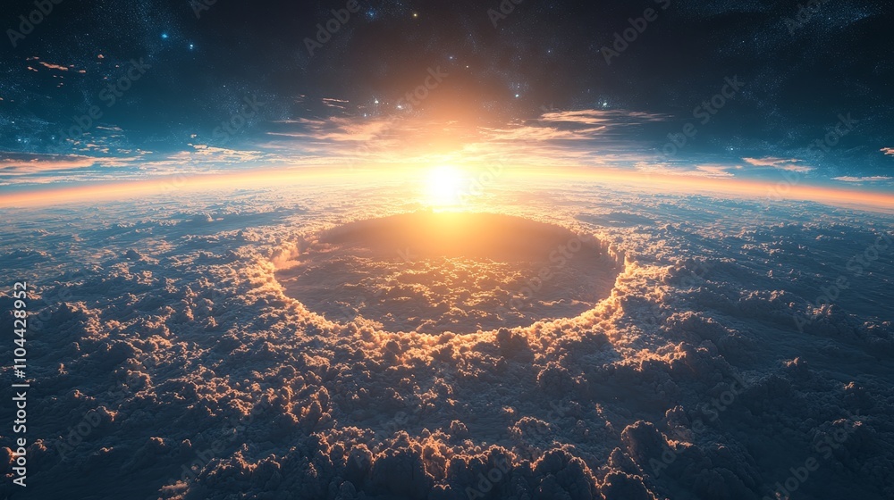 A sun is rising over a planet with a large crater in the middle A sun is rising over a planet with a large crater in the middle