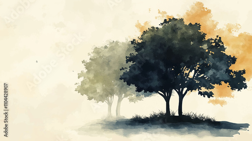 Tree watercolor, Side view green painting, set of graphics trees elements outline symbol for architecture and landscape design drawing. Vector illustration in stroke fill . Tropical, oak, maple.