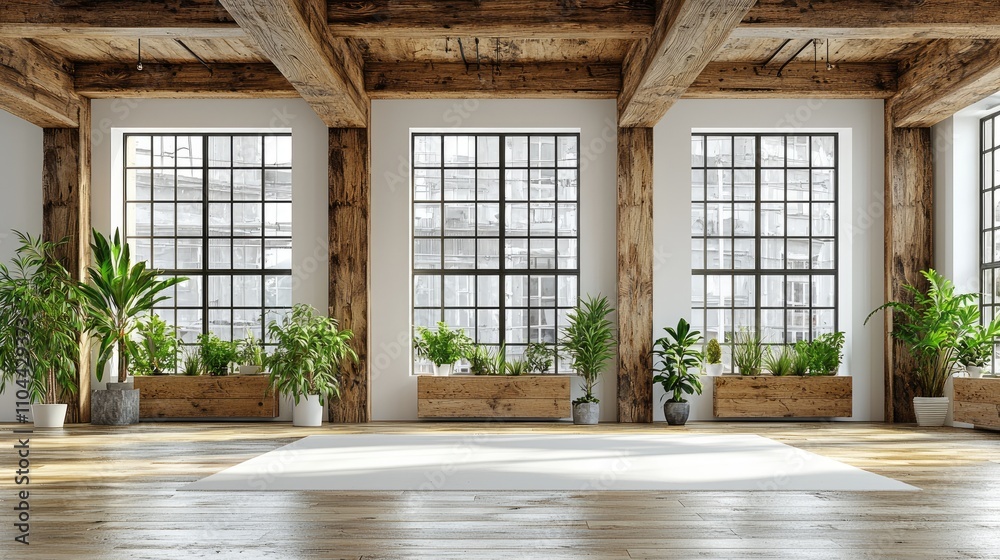 A modern office with minimalist design, featuring wooden shelves, white walls, and large windows. Bright and open workspace. 3D Rendering A modern office with minimalist design, featuring wooden shelves, white walls, and large windows. Bright and open workspace. 3D Rendering