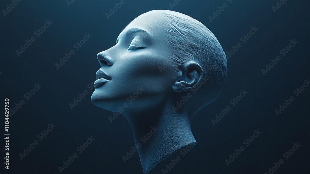 A woman's head is shown in a blue color