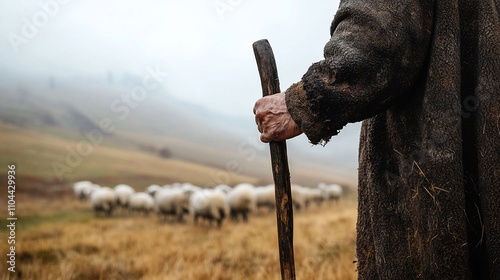 Elderly shepherd with staff watching flock of sheep in misty field.