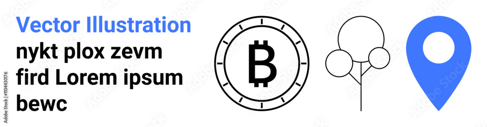 Bitcoin symbol within a circle, tree outline, and a blue location pin. Ideal for finance, cryptocurrency, nature conservation, navigation, web design, mobile apps, educational materials. Landing page Bitcoin symbol within a circle, tree outline, and a blue location pin. Ideal for finance, cryptocurrency, nature conservation, navigation, web design, mobile apps, educational materials. Landing page