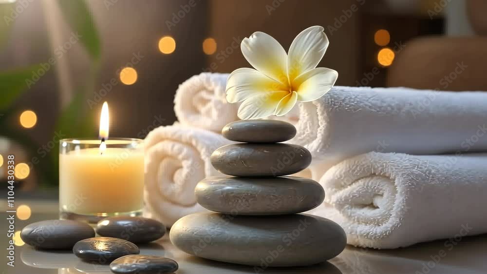 Spa stones and plumeria flower with candle creating a tranquil setting for relaxation and self-care. Spa stones and plumeria flower with candle creating a tranquil setting for relaxation and self-care.
