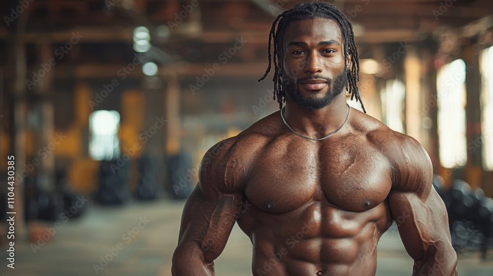 A muscular African man poses confidently in a gym, showcasing his physique amidst an industrial background, emphasizing strength and dedication. A muscular African man poses confidently in a gym, showcasing his physique amidst an industrial background, emphasizing strength and dedication.