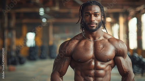 A muscular African man poses confidently in a gym, showcasing his physique amidst an industrial background, emphasizing strength and dedication. photo