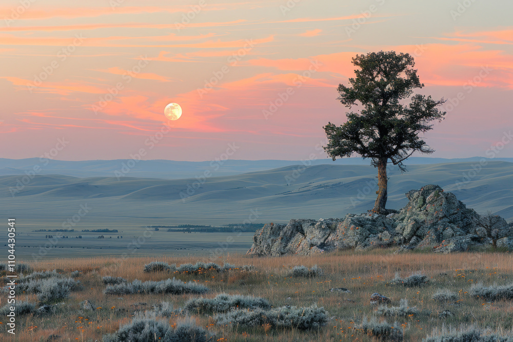 Fototapeta premium lone tree with a moon at its largest is also called a super moon
