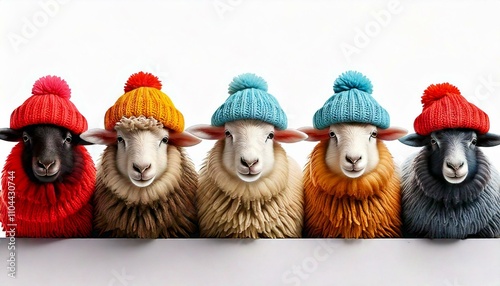 sheep with yarn hat pompom hat, funny sheep knitting and wool theme  photo