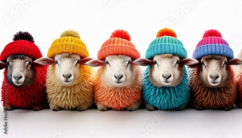 sheep with yarn hat pompom hat, funny sheep knitting and wool theme  photo