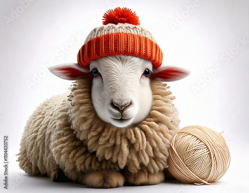 sheep with yarn hat pompom hat, funny sheep knitting and wool theme  photo