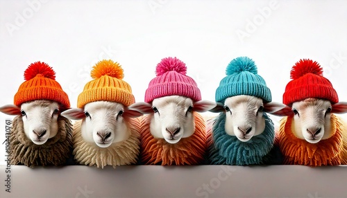 sheep with yarn hat pompom hat, funny sheep knitting and wool theme  photo