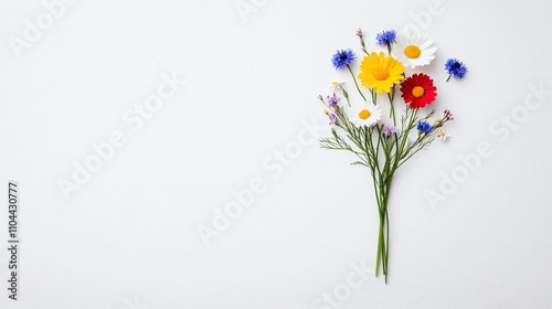 Minimalistic bouquet of colorful wildflowers, isolated on white background, vibrant floral arrangement, copy space for text, nature-inspired design, spring flower composition

 photo