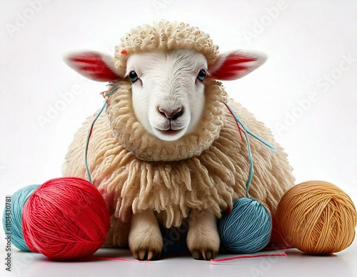 sheep with yarn hat pompom hat, funny sheep knitting and wool theme  photo